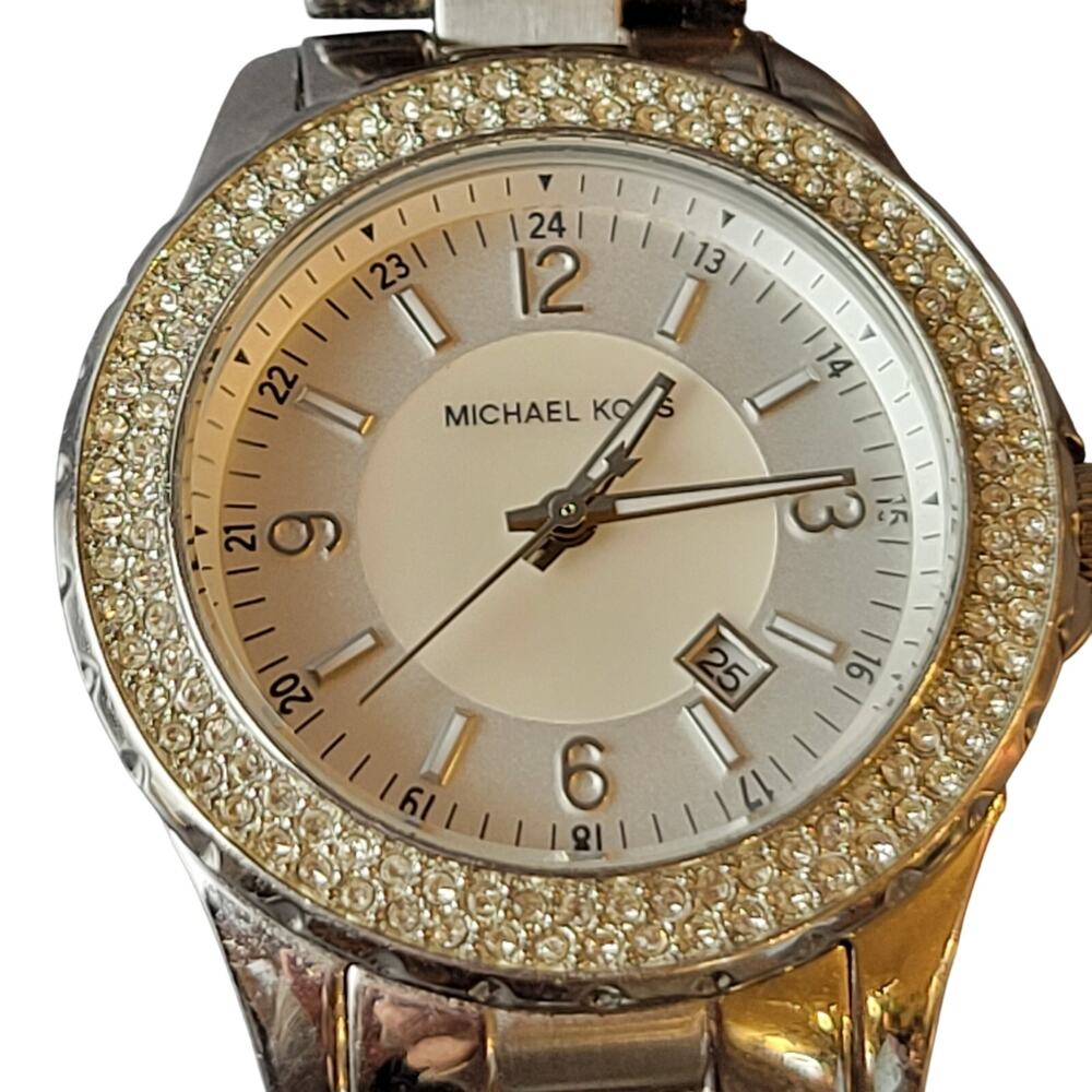 Michael Kors MK-5401 Women's Silver Gold Crystal Bezel Date Watch 36mm Tested